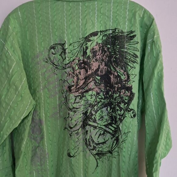 MZ.U.S.A. Shirt Men's Large L Green Graphic Print Button Up Abstract Embroidered - Picture 6 of 9